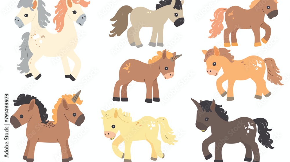 Cute ponies set. Foals small miniature horses breeds.