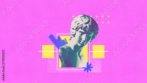 Contemporary art collage. Sculpture layered over abstract shapes in yellow and blue, with halftone accents against magenta background. Postmodernism. Concept of sculpture artwork, creativity, party