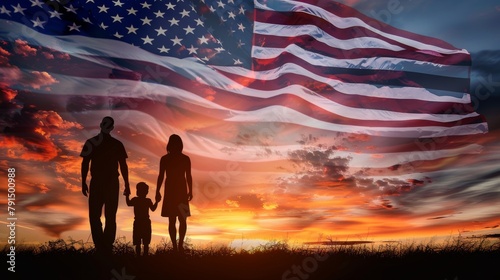 Silhouettes of family with kids on background with USA flag