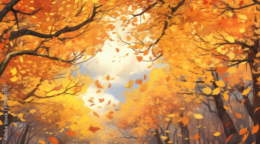 Elevated woodland canopy with golden autumn leaves, exuding fall vibrancy Elevated woodland canopy with golden autumn leaves, exuding fall vibrancy