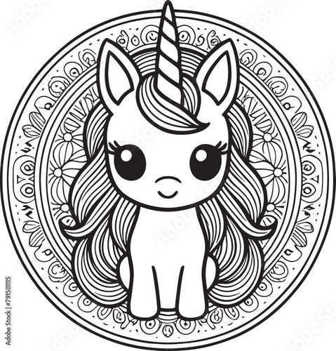 Cartoon cute unicorn horse Mandala pattern drawing cute lines, kawaii illustration