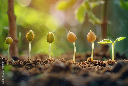 Illustrate a step-by-step guide to seed germination, showcasing seeds sprouting into young plants in different stages of growth.