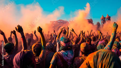 People celebrating Holi festival  Nandgaon Uttar Pradesh India - March 18 2016  People gathered to play Holi during Holi festival