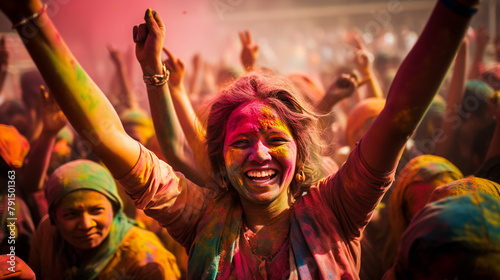 People celebrating Holi festival, Nandgaon,Uttar Pradesh,India - March 18,2016: People gathered to play Holi during Holi festival