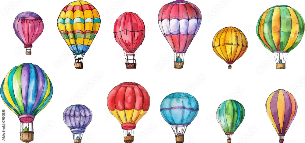 Set of colorful hot air balloons in a childish style drawn on a white background.