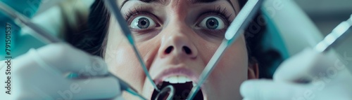 An apprehensive expression of a woman undergoing a dental examination, she braces for the procedure photo
