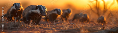 Honey badgers in the savanna in the evening with setting sun shining. Group of wild animals in nature. Horizontal, banner. © linda_vostrovska