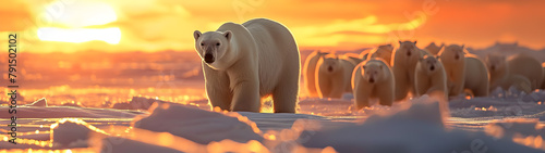 Polar bear family in the arctic region with setting sun shining. Group of wild animals in nature. © linda_vostrovska