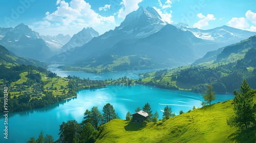 Lake in the Swiss Alps. Panoramic view of the nature and mountains of Switzerland ,Generative ai, 