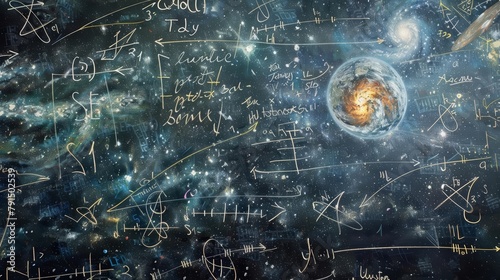 Chalk whispered to the blackboard, drawing equations that described the curvature of the universe, light watercolor style photo