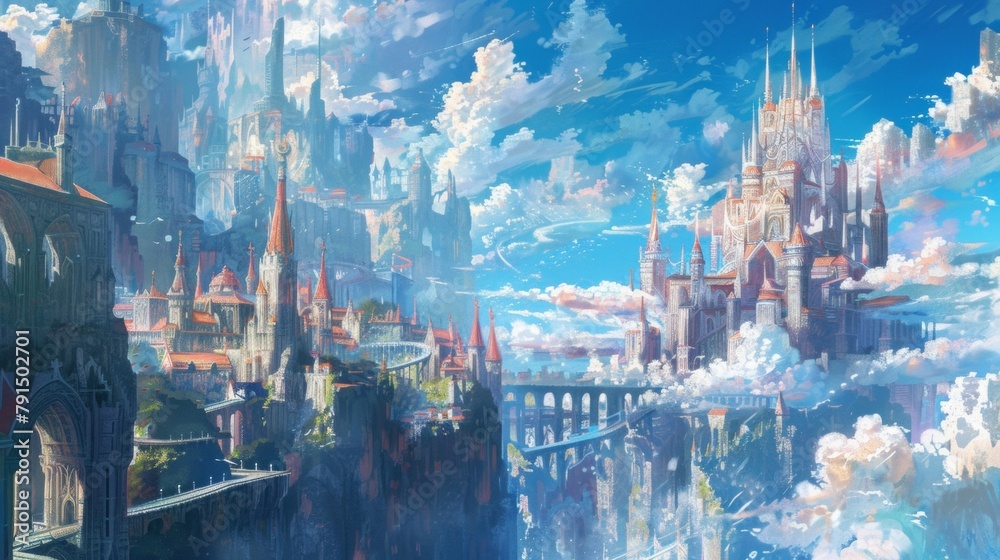 Closeup of a beautifully illustrated fantasy world with intricate details and stunning scenery that bring the story to life. Animes ability to transport viewers into fantastical universes . - obrazy, fototapety, plakaty 