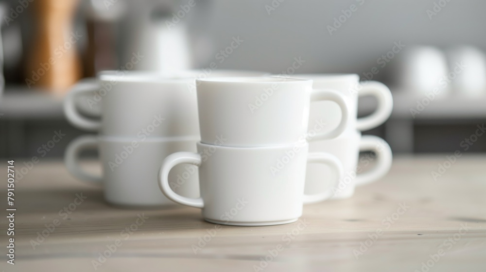 Obraz premium A close-up of stacked white coffee mugs on a wooden surface with a blurred background