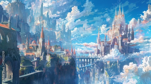 Closeup of a beautifully illustrated fantasy world with intricate details and stunning scenery that bring the story to life. Animes ability to transport viewers into fantastical universes . photo