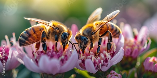 Two bees are collecting pollen on a flower.