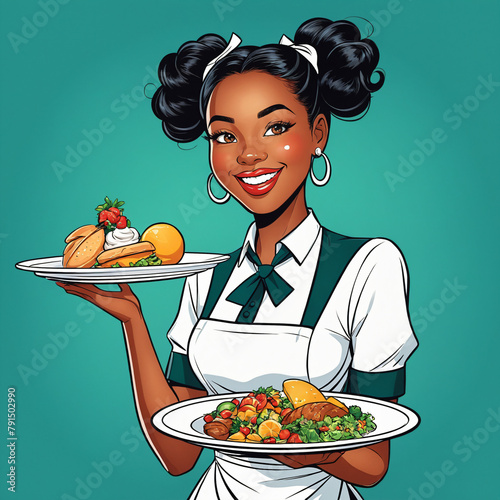 Pop art cartoon, smiling black woman waitress carrying two plates with food