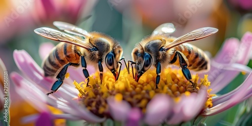Two bees are collecting pollen on a flower. Generative AI.