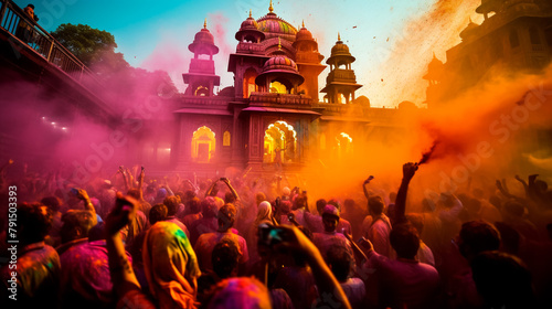 People celebrating Holi festival, Nandgaon,Uttar Pradesh,India - March 18,2016: People gathered to play Holi during Holi festival