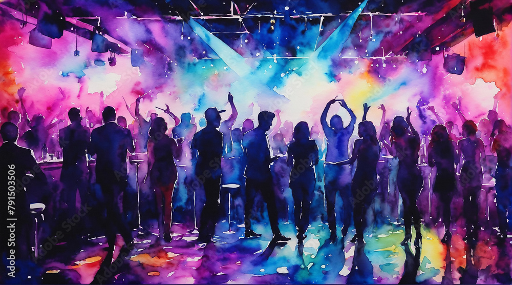 Silhouette crowd of people dancing in the nightclub, watercolor painting style, generative AI. Silhouette crowd of people dancing in the nightclub, watercolor painting style, generative AI.