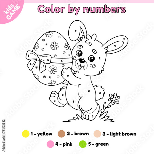 Kids Easter game Color by numbers with cartoon rabbit. Page of the coloring book. Cute hare carries Easter egg decorated with ribbon and bow. Activity book for children. Outline vector illustration.