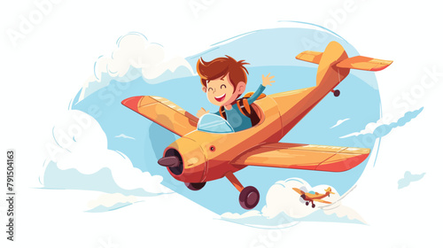 Little kid flying on airplane. Vector illustrations 