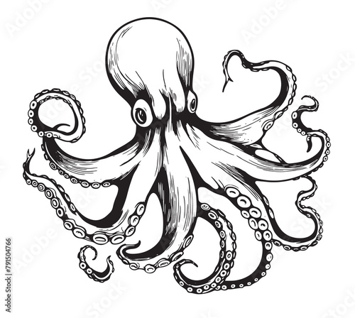 A detailed black and white drawing of a giant Pacific octopus