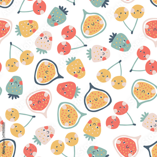 Frut4Tropical Fruit seamless pattern. Vector cartoon childish background with cute smiling fruit characters in simple hand-drawn style. Pastel colors on a white background