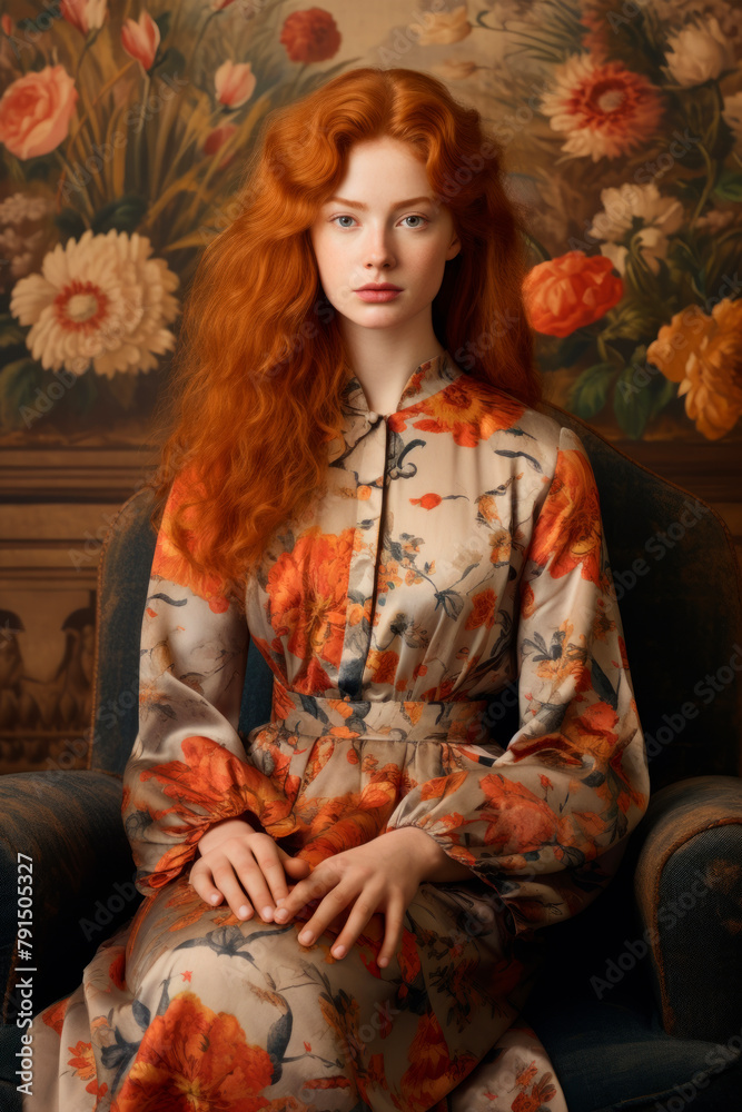 Conceptual portrait of a beautiful red-haired girl on a floral background