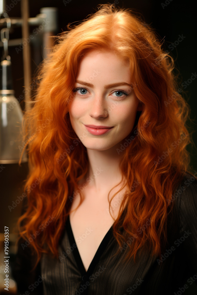 Close-up portrait of a beautiful red-haired girl with delicate skin