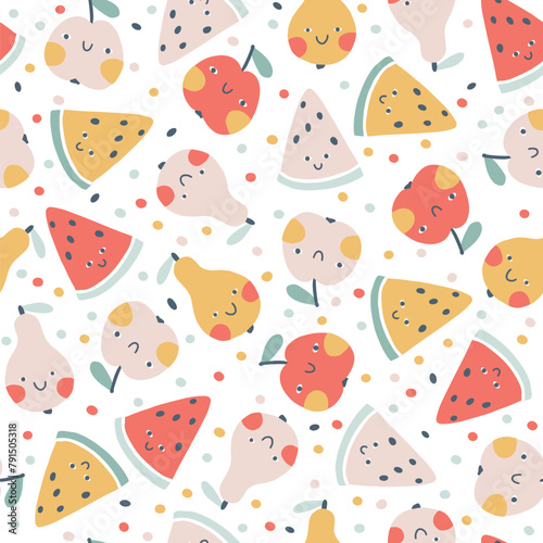 Tropical Fruit seamless pattern. Vector cartoon childish background with cute smiling fruit characters in simple hand-drawn style. Pastel colors on a white background with polka dots