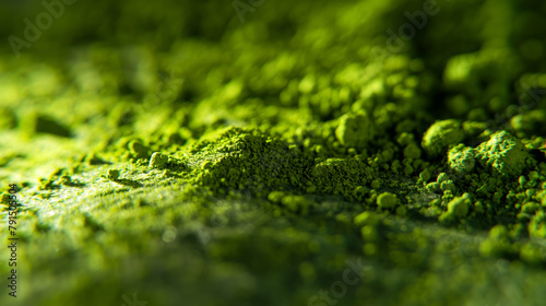 Macro detail of vibrant matcha powder, highlighting the texture and natural beauty of the ground tea leaves