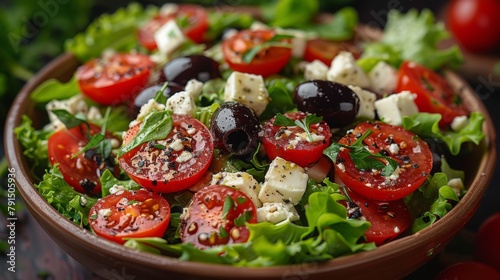 Capture the freshness of a bowl of Greek salad, featuring crisp lettuce, ripe tomatoes, briny olives, and tangy feta cheese.