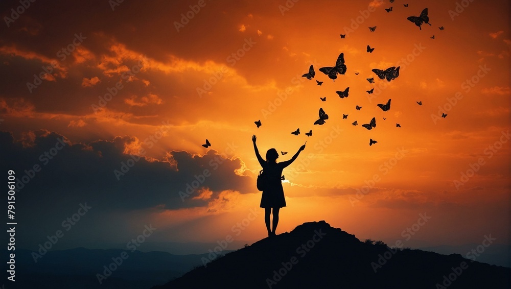An ethereal scene captures a person releasing butterflies into the air on a mountain during a captivating sunset