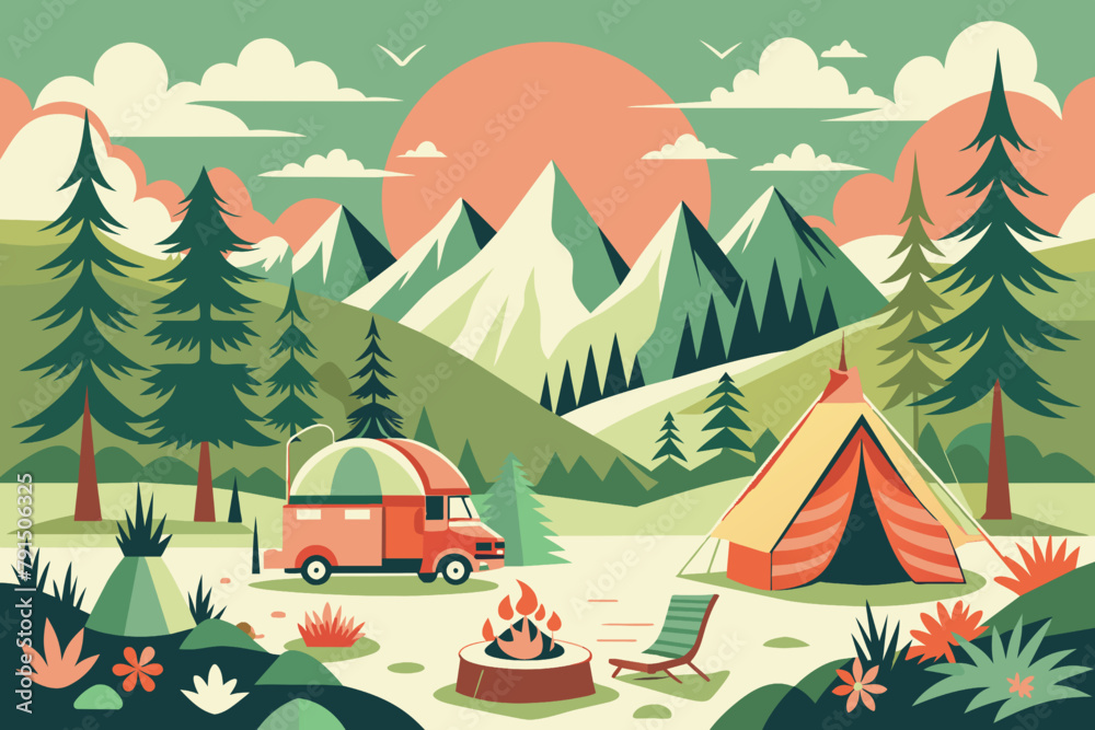 Camping in the forest. Vector illustration in flat cartoon style. Camping in the forest. Vector illustration in flat cartoon style.