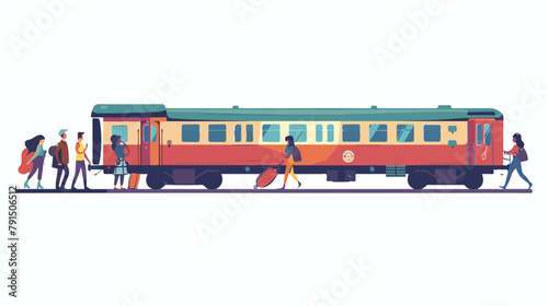 Locomotive and passengers on platform. Vector flat illustrations