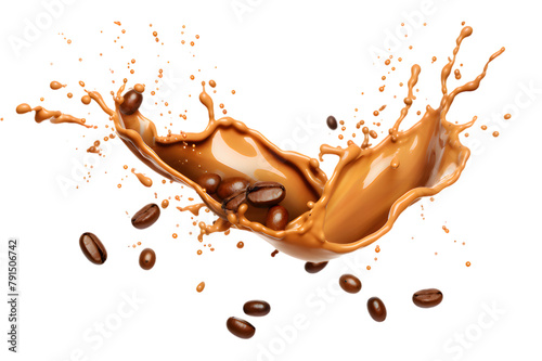 Coffee splash with coffee beans isolated on transparent background