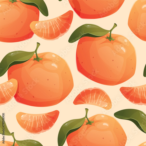 Ripe juicy whole tangerine or orange, and a slice. Vector seamless cartoon pattern with fruit citrus illustration.