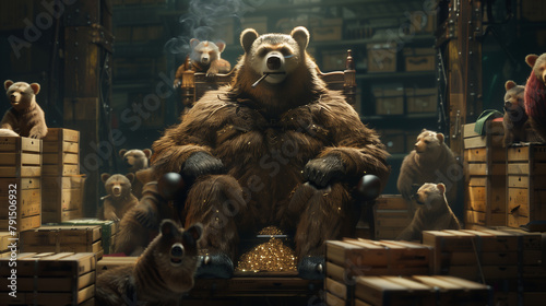 cigar-smoking bear sitting atop a throne of stacked crates, surrounded by his loyal animal underlings, showcasing the hierarchy within the animal mafia in a dynamic 3D illustration.  photo