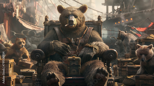 cigar-smoking bear sitting atop a throne of stacked crates, surrounded by his loyal animal underlings, showcasing the hierarchy within the animal mafia in a dynamic 3D illustration. 
