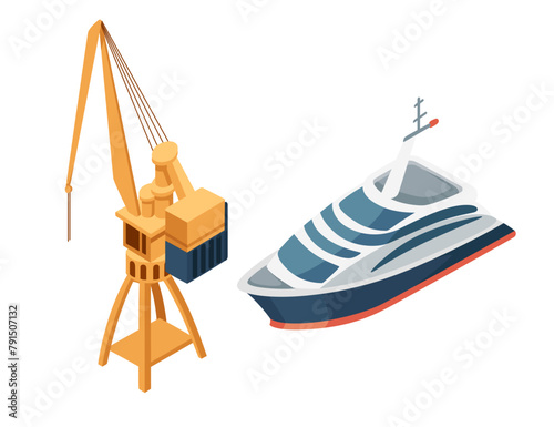 Bir cruise ship with mobile harbor crane vector illustration isolated on white background