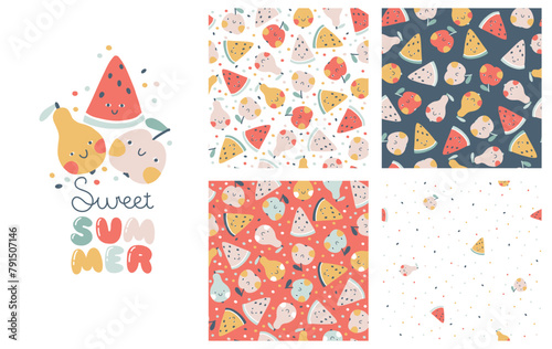 Tropical Fruit collection of seamless patterns with print composition and comic lettering. Vector cartoon childish background with cute smiling fruit characters in simple hand-drawn style