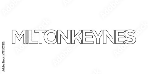 Milton Keynes city in the United Kingdom design features a geometric style illustration with bold typography in a modern font on white background. photo
