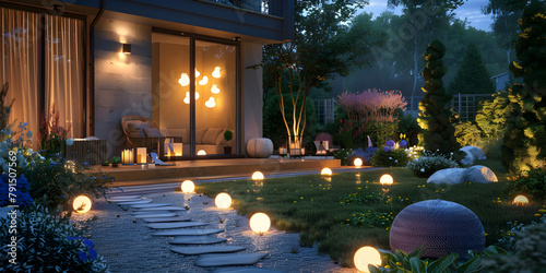 Lighting ideas for a pergola, A garden with a stone path and a stone wall with a house in the background. 