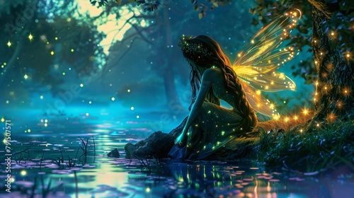 Glowing fantasy fairy with long wavy hair by the lake photo