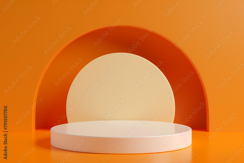 3D rendering of an orange podium with a large semi-circle cutout in the back wall. 3D rendering of an orange podium with a large semi-circle cutout in the back wall.