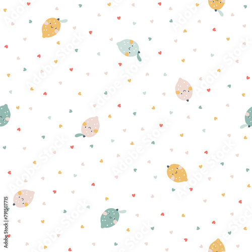 Lemons face seamless scattered pattern in pastel palette. Vector naive hand drawn illustration of cute characters on polka dot in hearts background. Ideal for baby textiles, wallpaper, fabric.