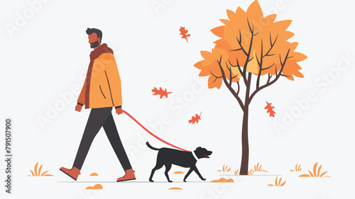 Man and dog walk in the park.Hand drawn style vector