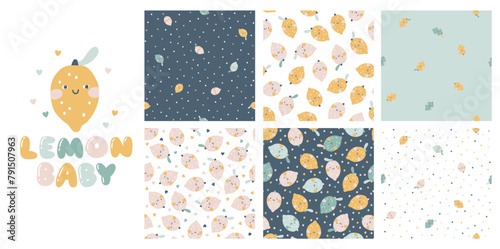 Lemons faces seamless patterns set with print in pastel palette. Vector naive hand drawn illustration of cute characters on polka dot background. for baby textiles, wallpaper, fabric, scrapbooking