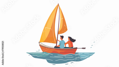 Man and woman are sailing in a boat. Vector flat illustrations