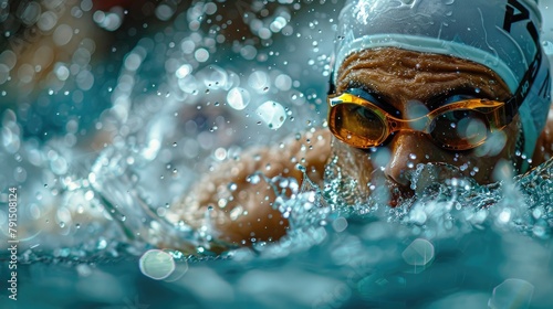 Swimmer in goggles and swim cap swimming freestyle in a pool. © Vilaysack
