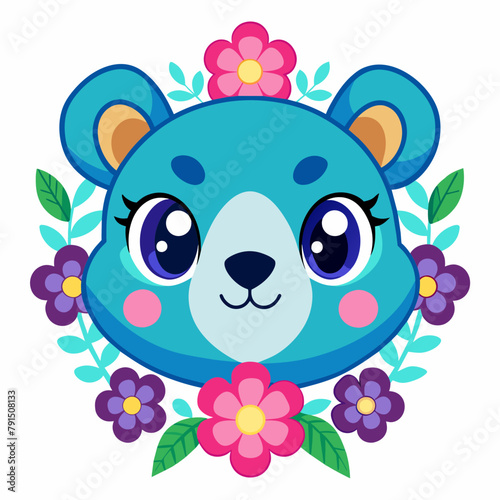 Blue wing Kawaii Ector bear head with superimposed flowers Ultra white background